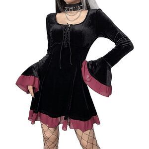 🖤 Goth Lace-Up Retro Black Velvet Long Flare Sleeve Steampunk Dress SIZE M NEW